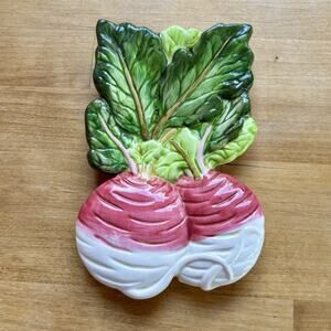 KMC Hand Painted Kitschy Ceramic Spoon Rest Radish Red Green Vintage Cottagecore
